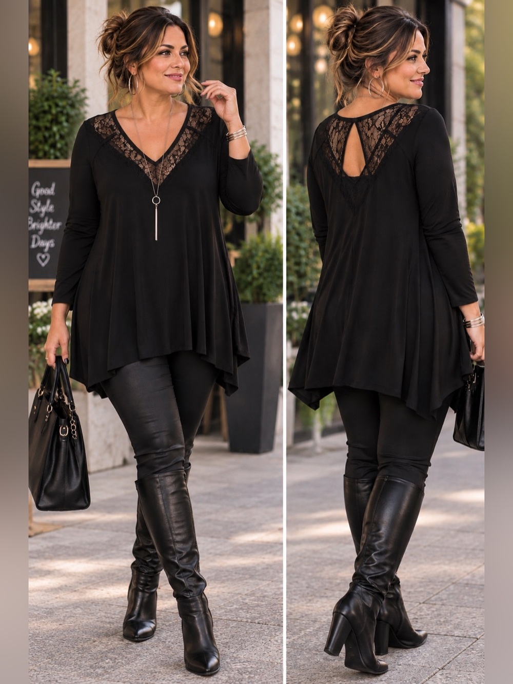 Black Lace-Detail Long Sleeve Women’s Tunic top